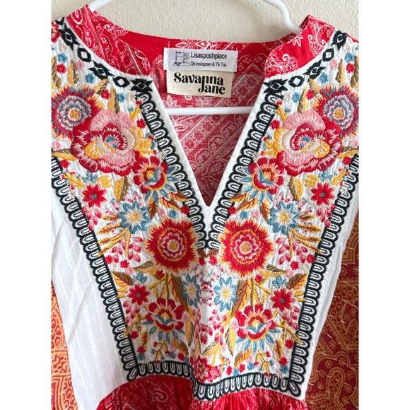 Savanna Jane Mixed Print Embroidered Boho Top Red Orange Kimono Sleeve V-Neck - Picture 2 of 4